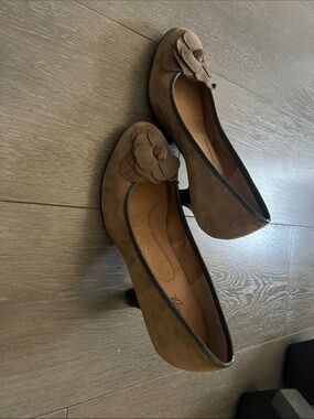 Suede Brown Floral Accent  Women's Low Heel Pumps